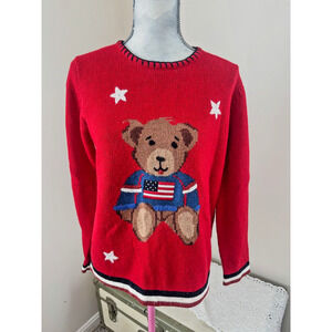 Vintage Women Sag Harbor Patriotic Americana Teddy Bear Sweater Red Small